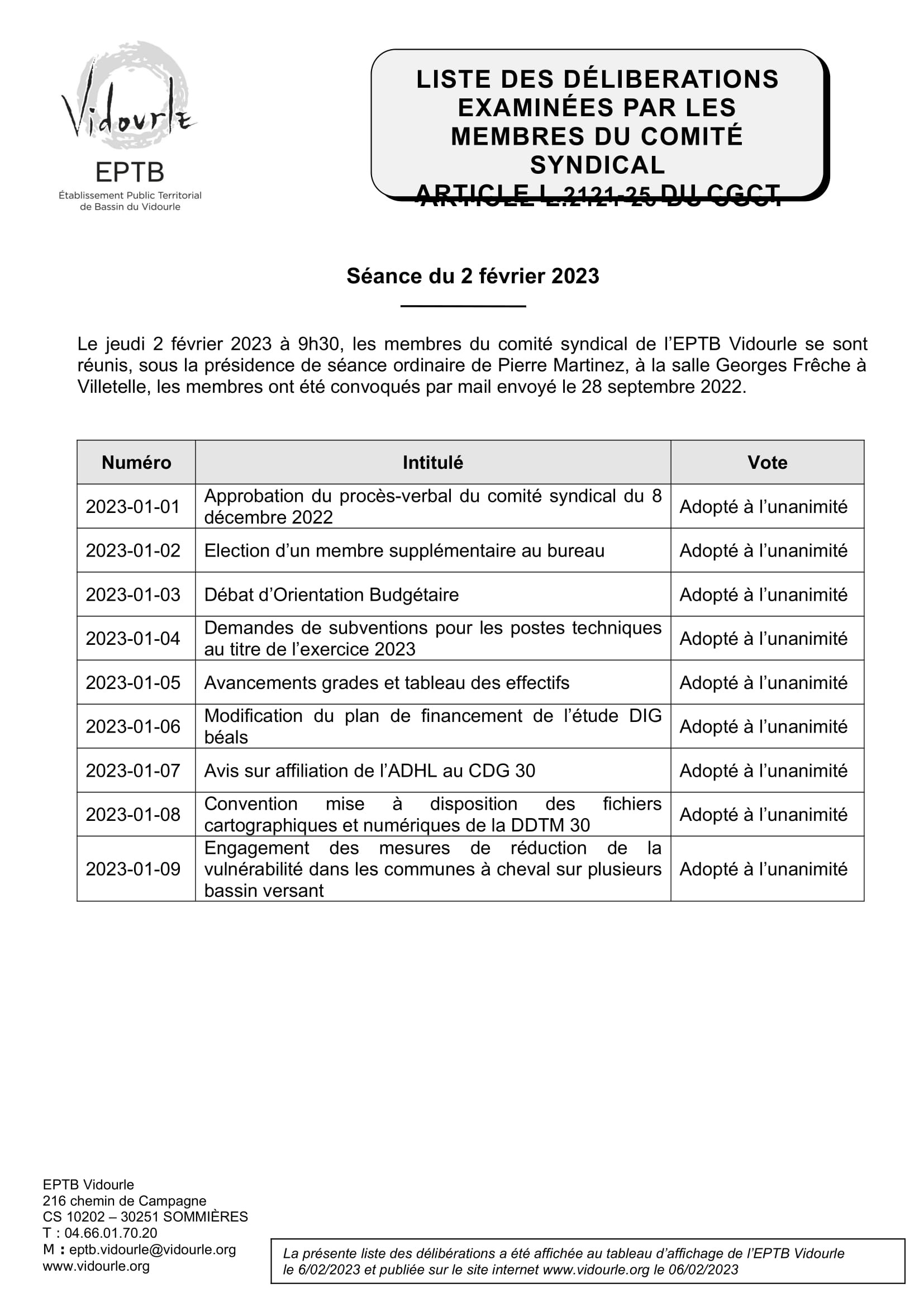 liste des délibérations examinées par les membres du comité syndical – séance du 2 février 2023